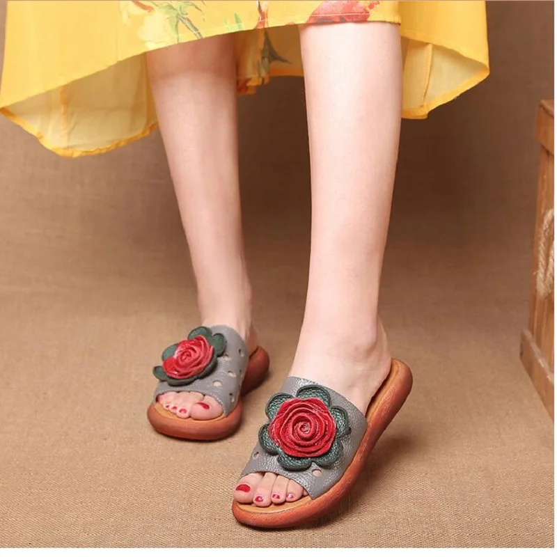 RUSHIMAN 2023 Woman Genuine Leather Shoes For Woman Slippers Slip-On Outdoor Slippers Women Shoes Flat with Sandals Floral