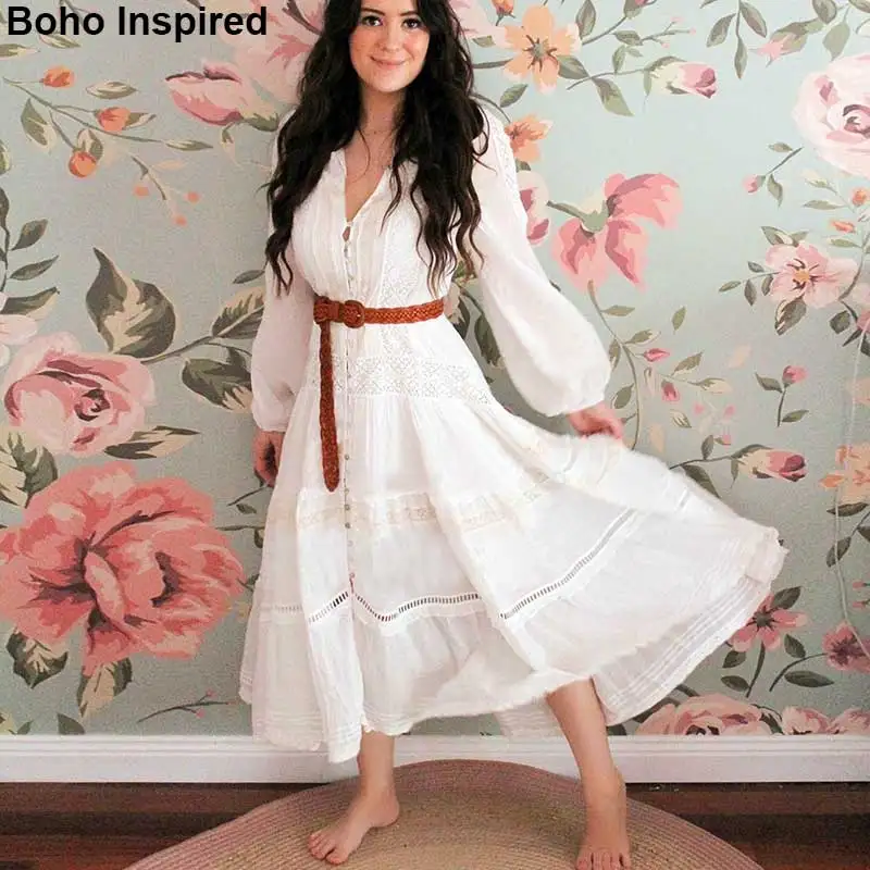 Богемный Вдохновленный белый повседневное женское платье с длинным рукавом buttosn