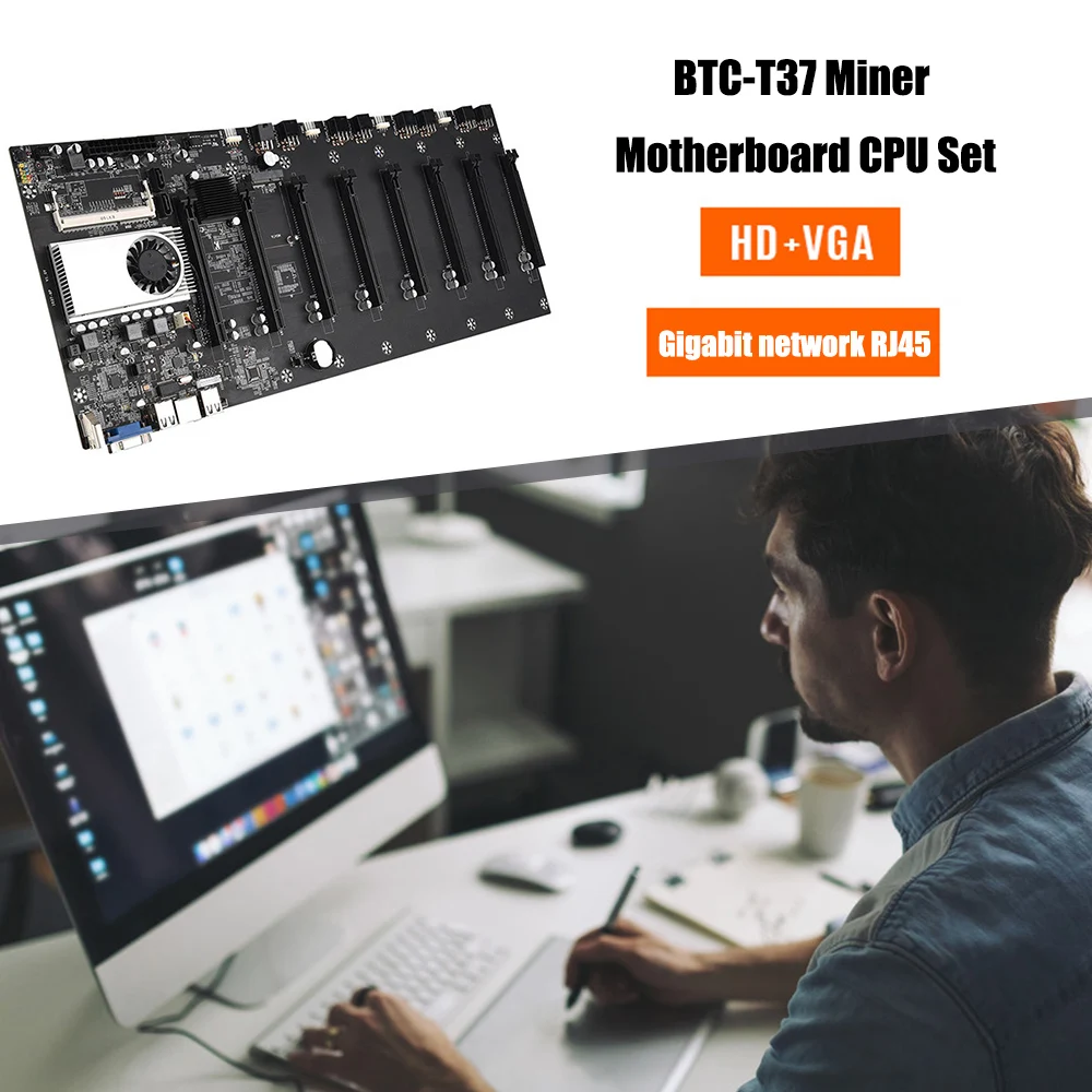 

1 Set BTC-T37 Miner Motherboard CPU Set Chipset 8 Graphics card Slot DDR3 Memory Integrated VGA Interface Low Power Consumption