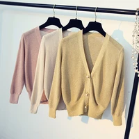 queechalle yellow pink apricot white black khaki women knitted cardigans female v neck long sleeve casual thin short coat ladies