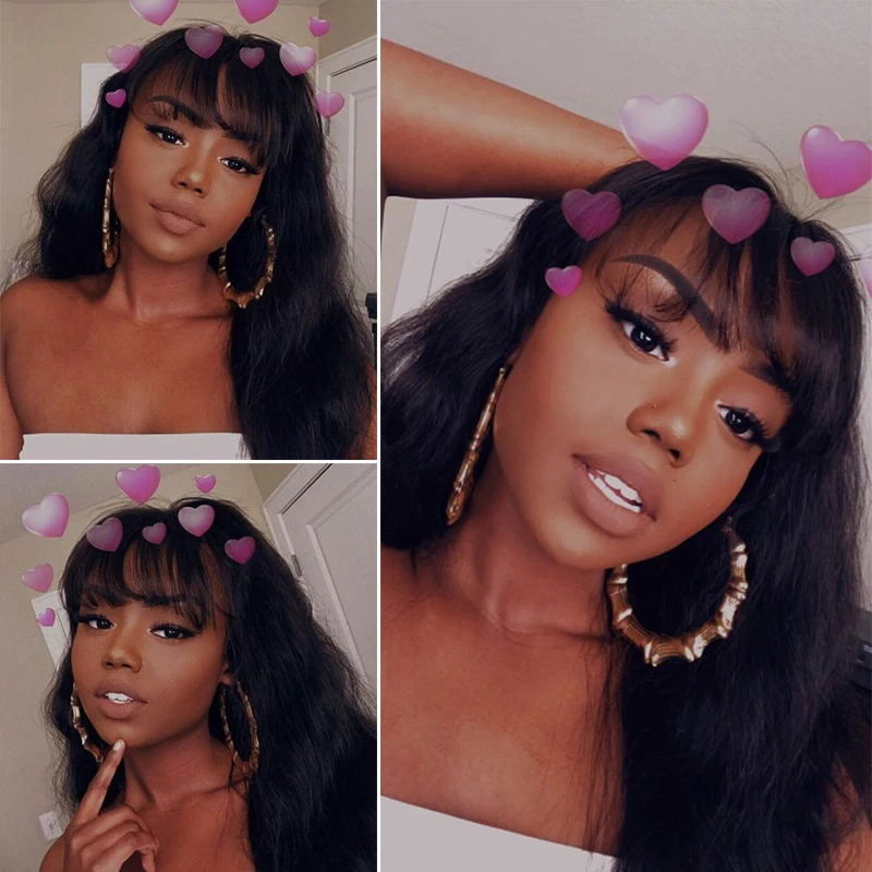 Sterly Human Hair Wigs With Bangs Body Wave Bang Natural Color Remy Long Wig | Шиньоны и парики
