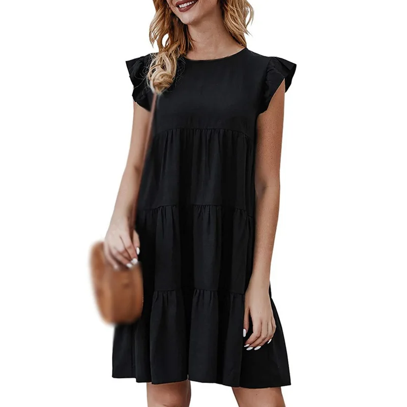

ROPALIA Short Sleeves Print Princess Dress Ladies Round Neck Short Summer Dress