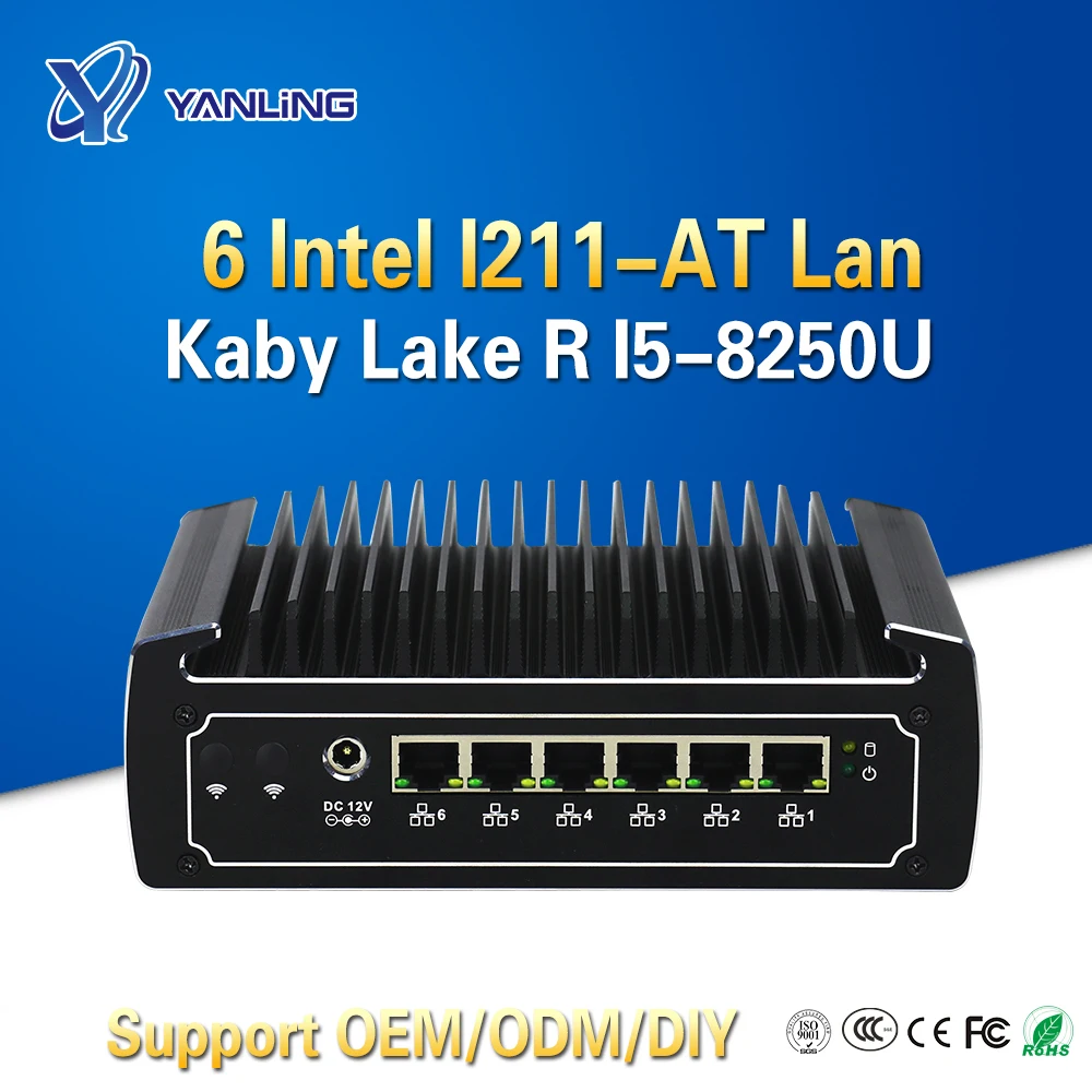 Мини-роутер Yanling Pfsense 4-ядерный 8 поколения Kaby Lake R Intel I5 8250u 6 Lan поддержка 4G и Wi-Fi 2020 -