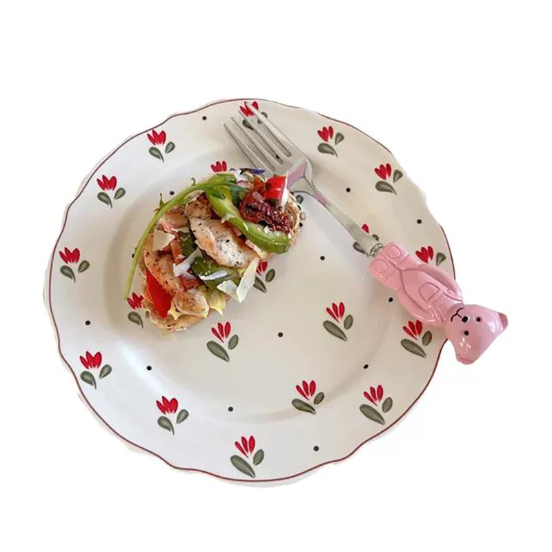 

Dessert Plate Round Household Utensils Flower Ceramic Dish Salad Bowl French Style Restoring Ancient Ways Little Fresh