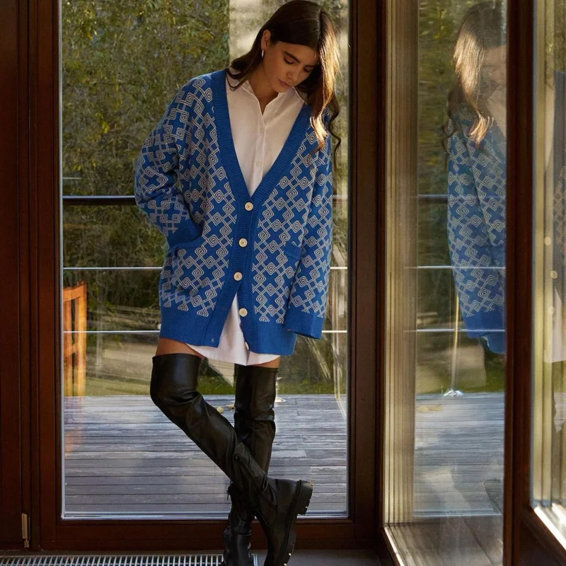 

NSHYPOI 2021 осенний Женский вязаный кардиган с V-образным вырезом и клетчатым принтом модный Повседневный свитер на пуговицах с длинным рукавом ...