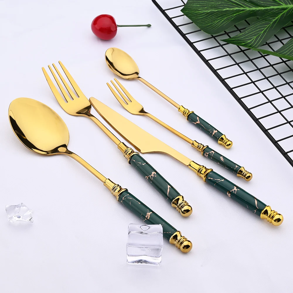 Marble & Gold Mirror Finishing Dining Cutlery Set - Knife, Fork & Spoon Flatware