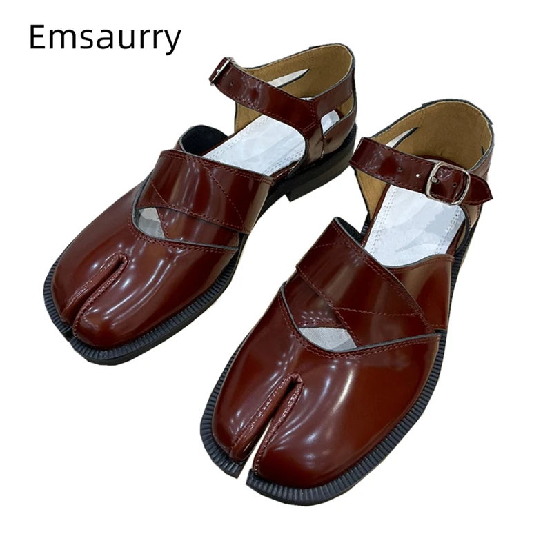 

Unique Split Toe Preppy Style Casual Shoes Woman Ankle Strap Real Leather Fretwork Spring Autumn Outwear Zapatos Mujer