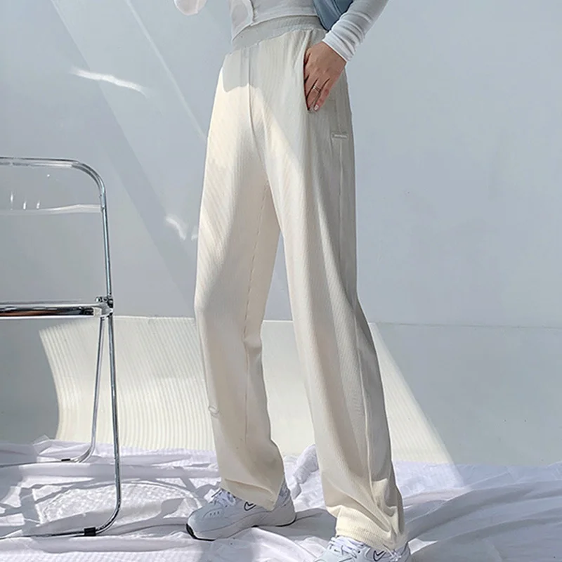 

Новинка 2021, Женские однотонные широкие брюки, Свободные повседневные брюки с высокой талией, женские плиссированные брюки из ледяного шелк...