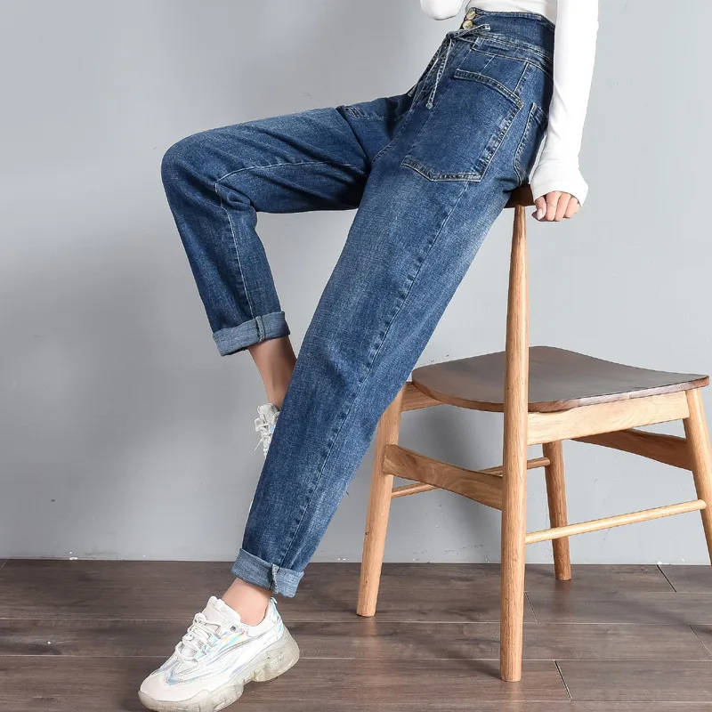 Женские длинные джинсы с завышенной талией свободные брюки султанки завязкой 2019