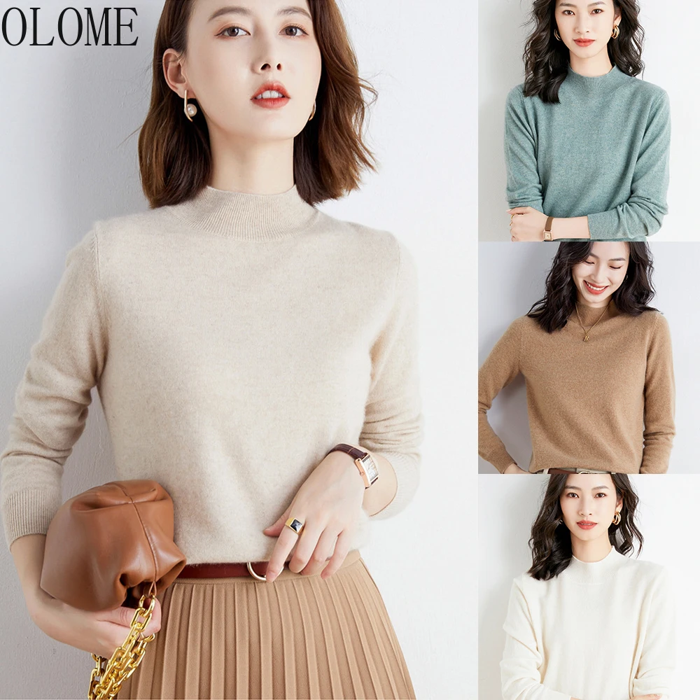 

OLOME Solid Color Sweater Women's Half Turtleneck Wool Pullover Winter Long Sleeve Loose Knitted Sweaters 2021 Women Jumper Tops