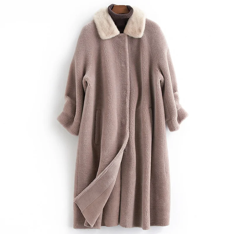 

Женская куртка из натуральной овчины, длинная Корейская куртка из 100% шерсти с норковым меховым воротником, зима 2020