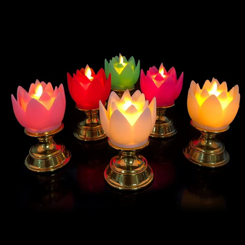 

Colorful Electric Lotus Light Battery Operated Flameless Flicker LED Candle Tea Lamp Prayer Accessories Guanyin Home