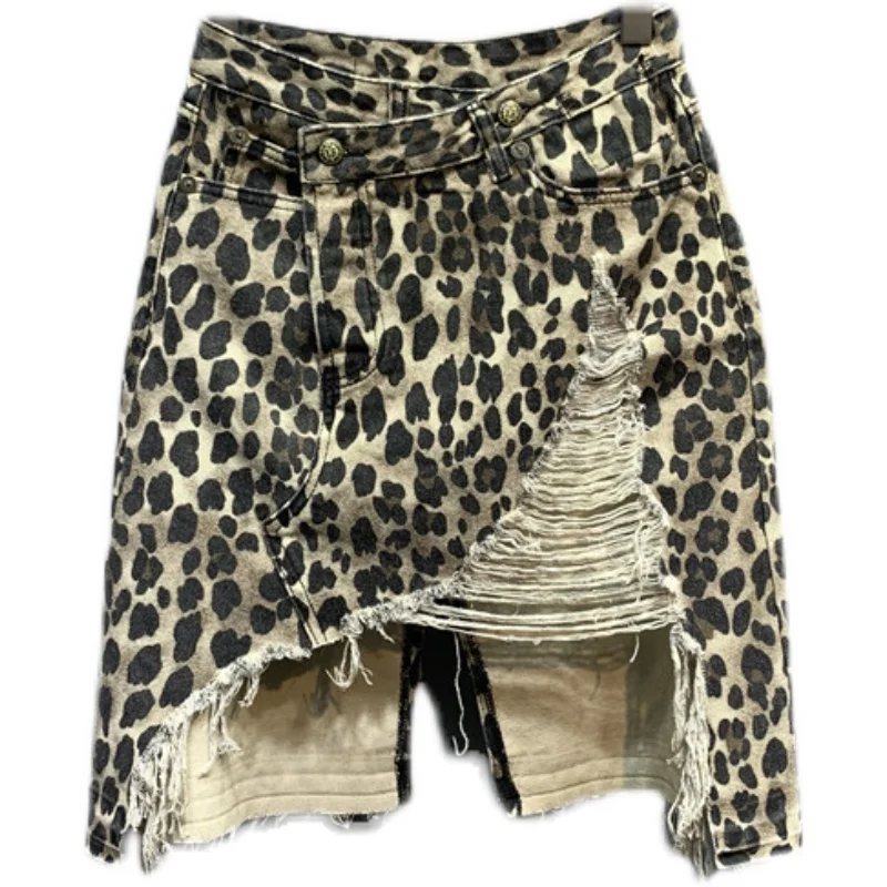 

Irregular Leopard Print Denim Skirt Women's European Style High Waist Ripped Holes Sexy Oblique Buckle Hip Skirts Lady