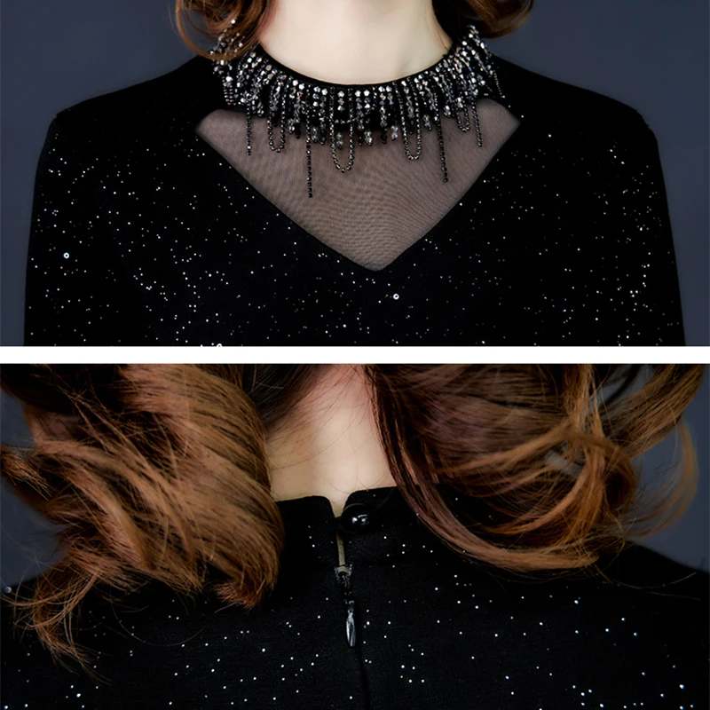 

2021 Autumn Black Sexy Plush Padded Seqins Dresses Winter Vintage Elegant 5XL Plus Size Midi Dresses Women Bodycon Party Classy