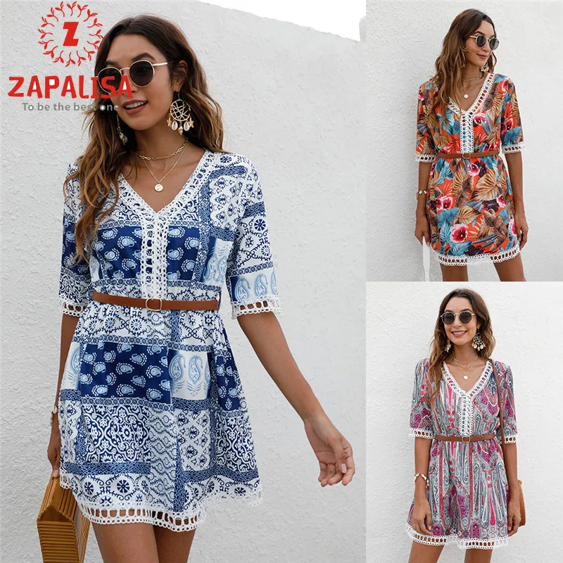 

Vintage Women Summer Print A-Line Dress Hollow Out Design Lace Decor V-Neck Half Sleeve Mid Waist Slim Mini Dress for Streetwear