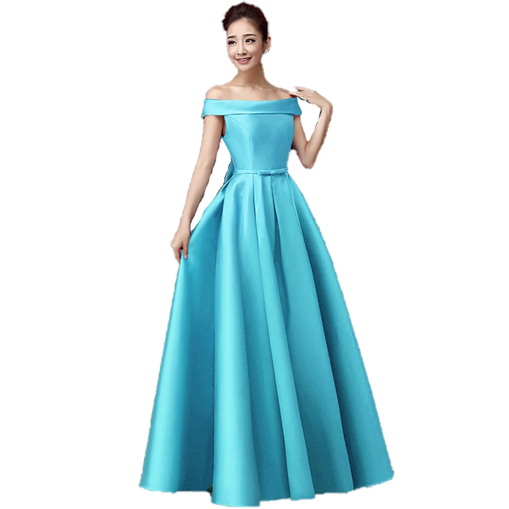 

Turquoise bridesmaid dresses satin Boat Neck OFF shoulder wedding party dress long vestido de fiesta de boda suknie dla druhen