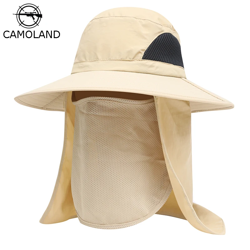 

CAMOLAND Unisex Summer Sun Hat Male UV Protection Face Neck Flap Bucket Hats Female Waterproof Outdoor Fishing Hiking Boonie Cap