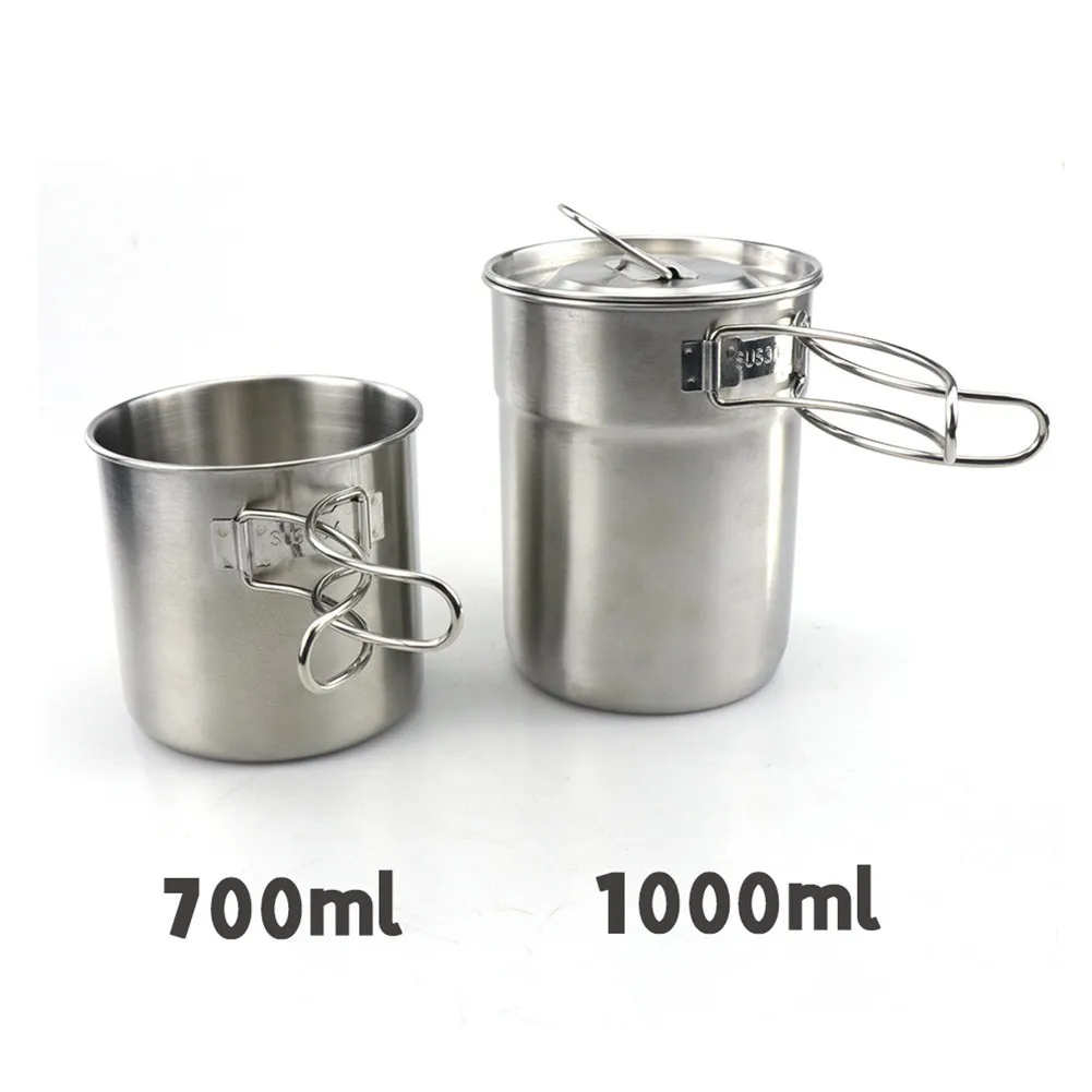

700ml+1000ml Pot Portable Outdoor Camping 304 Stainless Steel Water Mug Cup With Lid&Foldable Handle Single Pot Can Direct Heat