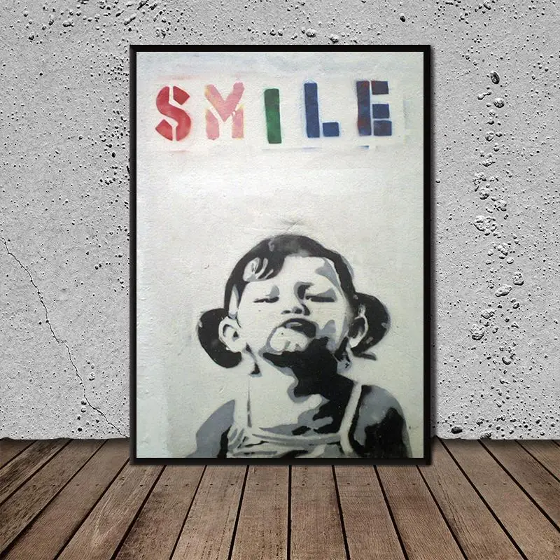 

HD Print Banksy Smile Girl Canvas Art Picture for Living Room Home Decor