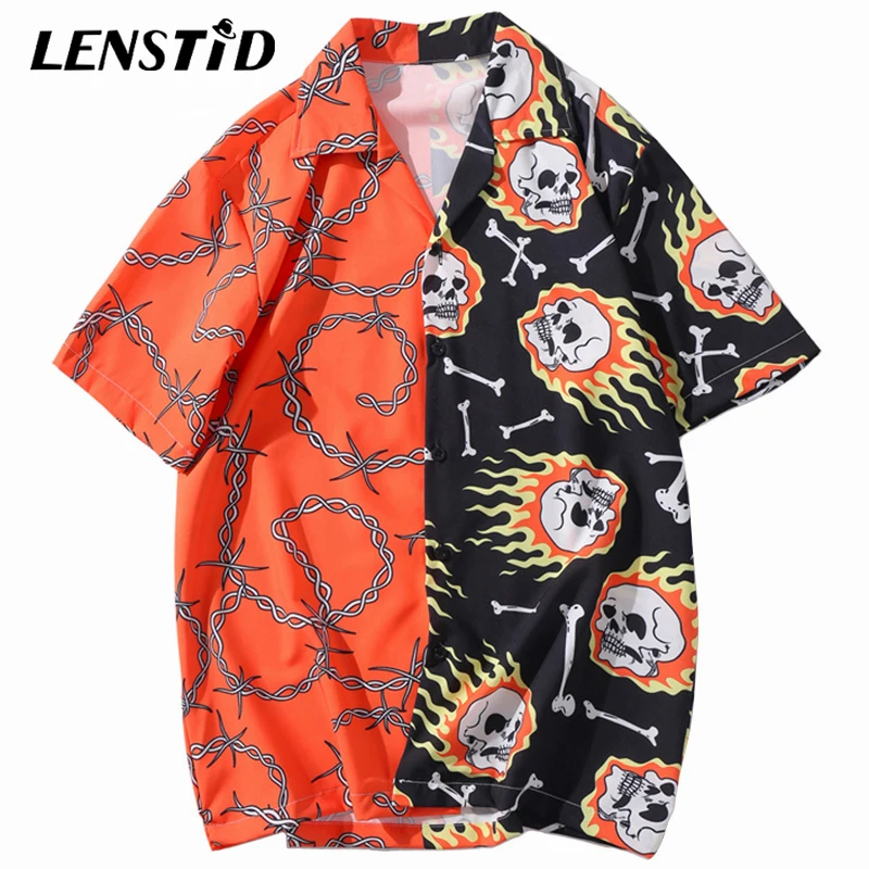 LENSTID 2020 хип-хоп Футболка с принтом черепа Огня Цепи уличная одежда Харадзюку