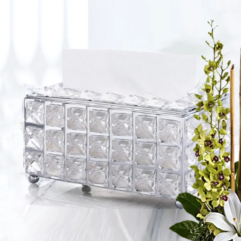 

Crystal Tissue Box European-style Large Capacity Faux Crystal Pearl Square Napkin Storage Holder for Dresser/Night Stand LBE