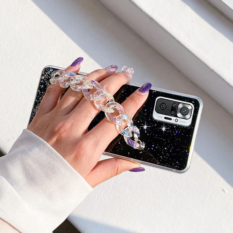 Bling Glitter Bracelet Chain Phone Case For Xiaomi Redmi Note 10 9 10s 9s Pro Max Redmi Note 9t 8t 8 7 Pro Wriststrap Back Cover