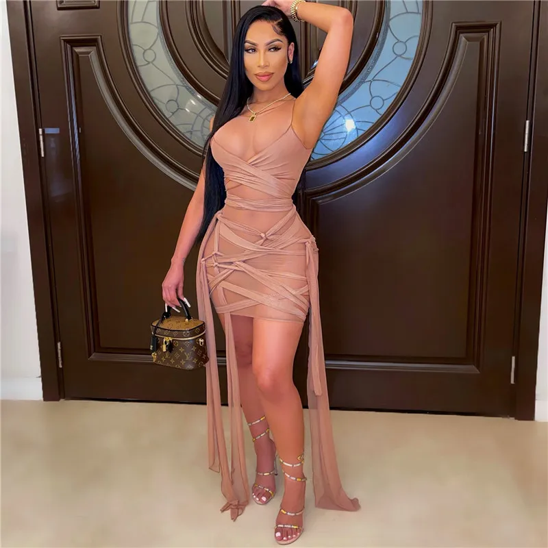 

WJFZQM ажурное Бандажное платье 2021 летнее сексуальное платье без рукавов для ночного клуба облегающее прозрачное Сетчатое женское розовое пл...