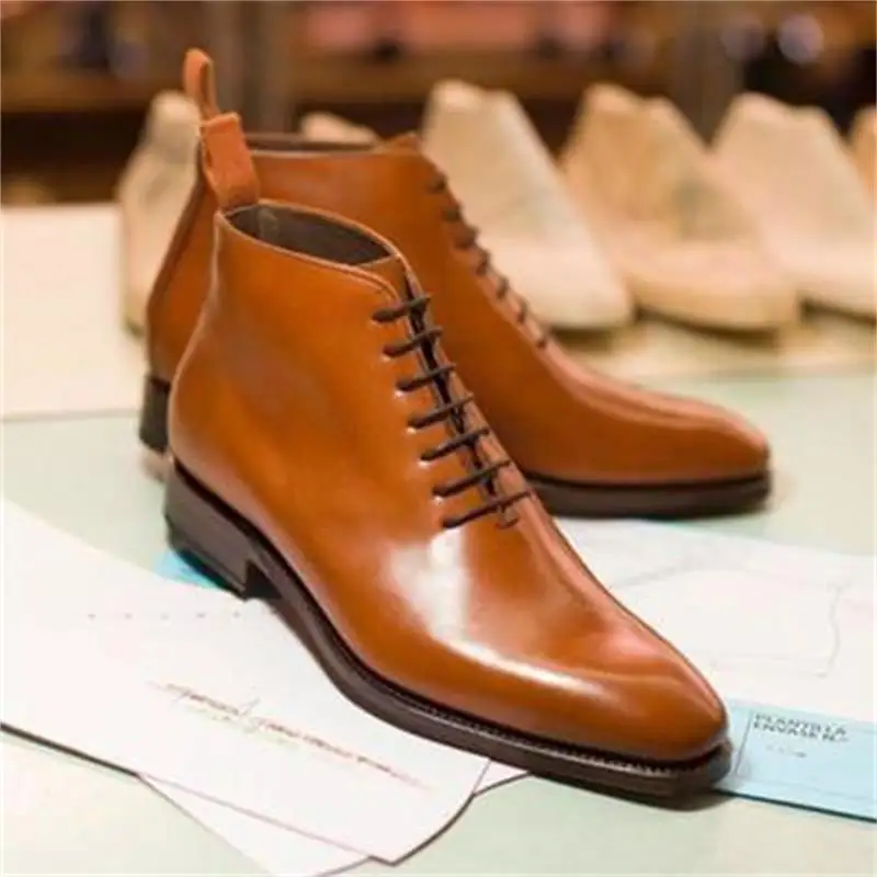 

2021 New Men Shoes Handmade Brown PU Integrated Lace-up Classic Fashion Trend Business Casual Dress Oxford Ankle Boots KS462