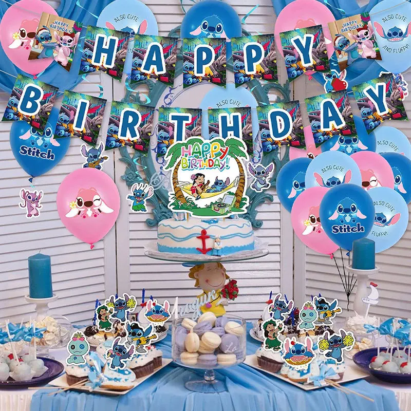

Stitch Birthday Balloons Cartoon Lilo & Stitch Theme Party Banners Balloon Cake Topper Swirls Hanging Ornaments Party Decoration