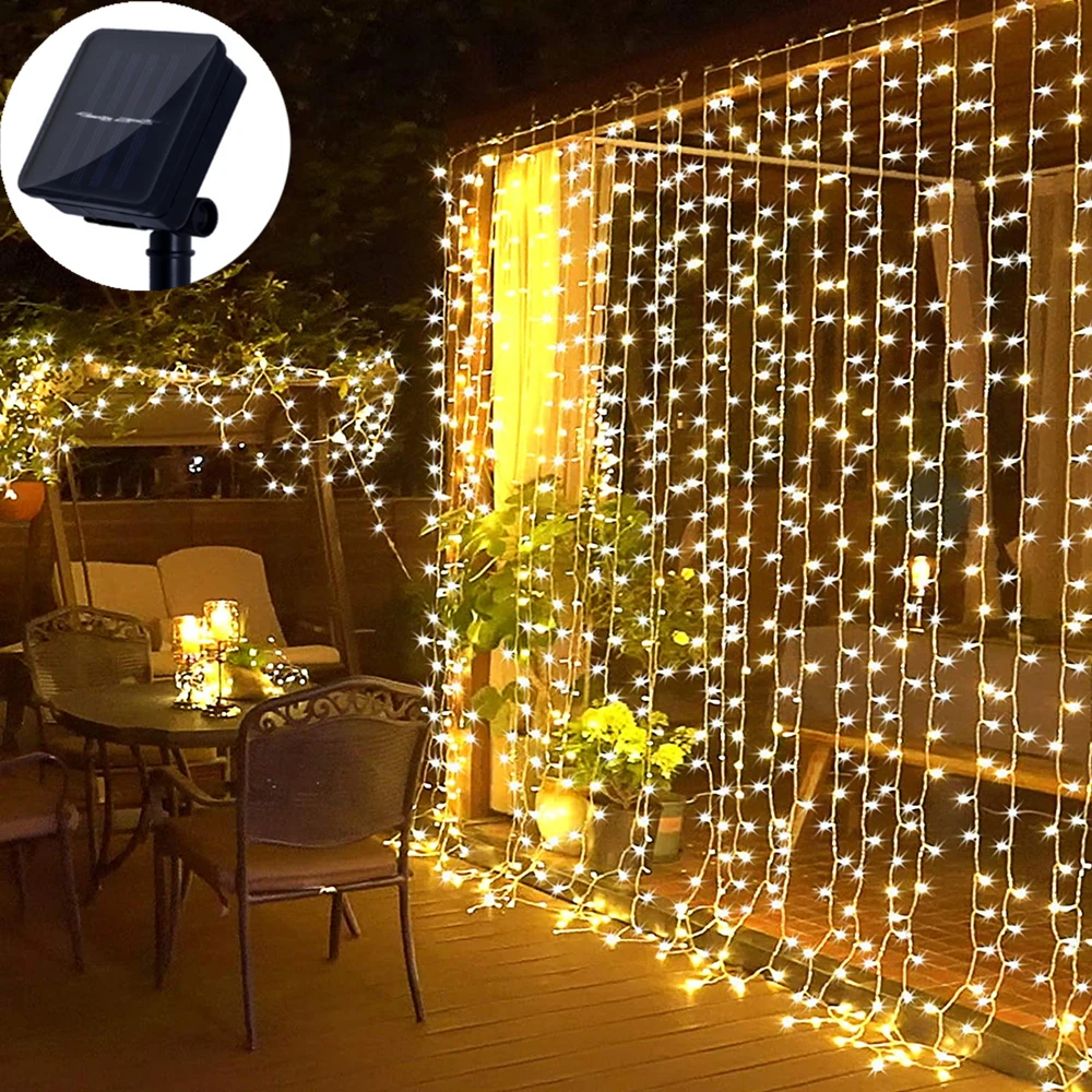 Solar led Light Outdoor Street Garland Twinkle Led Copper Wired Curtain Light String 3X3m 8 Modes Remote For Garden Decoration