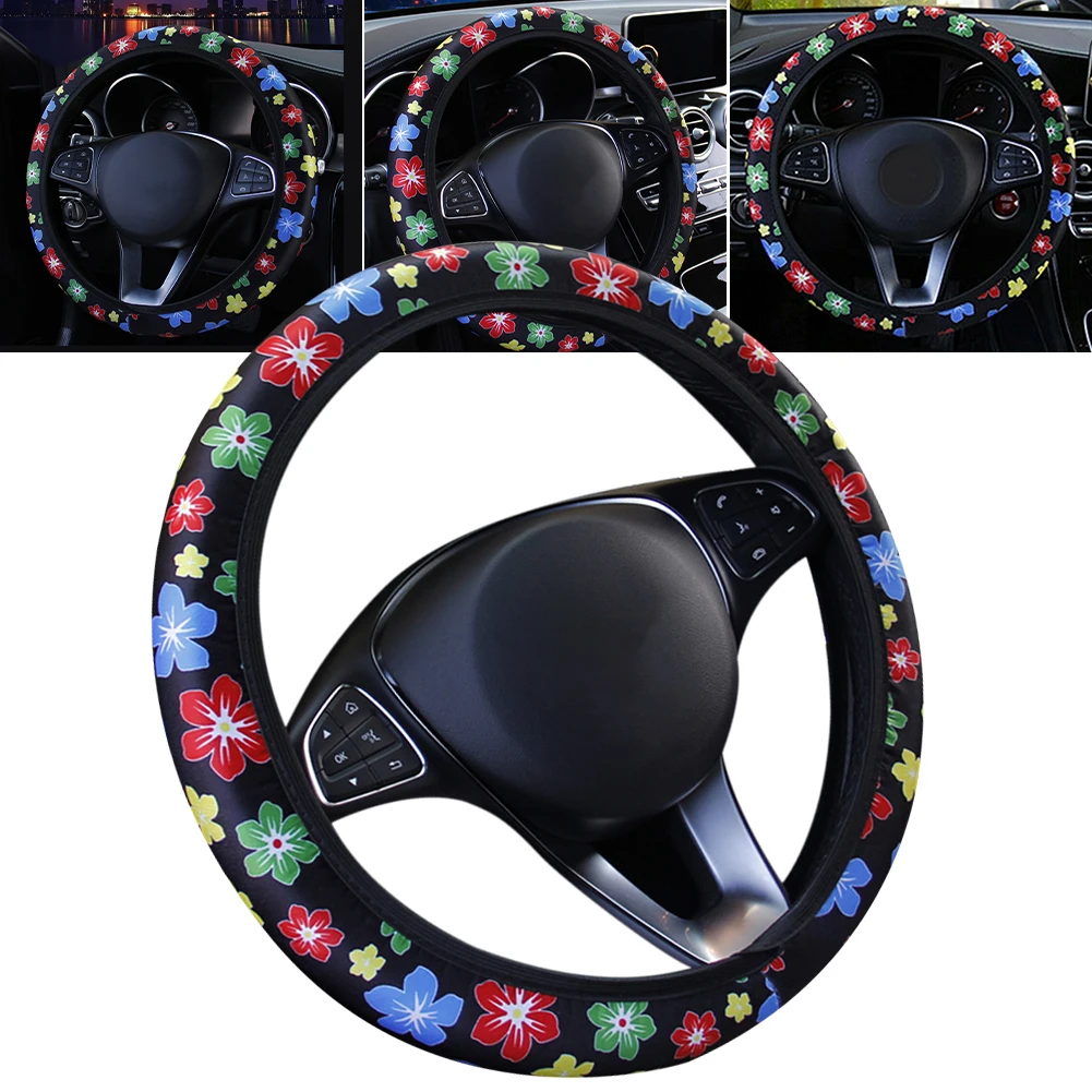 

38cm Elastic Car Steering Wheel Cover Ethnic Style Print Anti-slip Car Styling Floral Steering Wheel car products Accessories