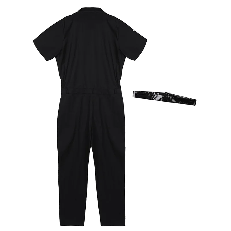 

TiaoBug Men Halloween Police Uniform Short Sleeve Jumpsuit with Patent Leather Belts Adults Fancy Cosplay Party Cops Costume