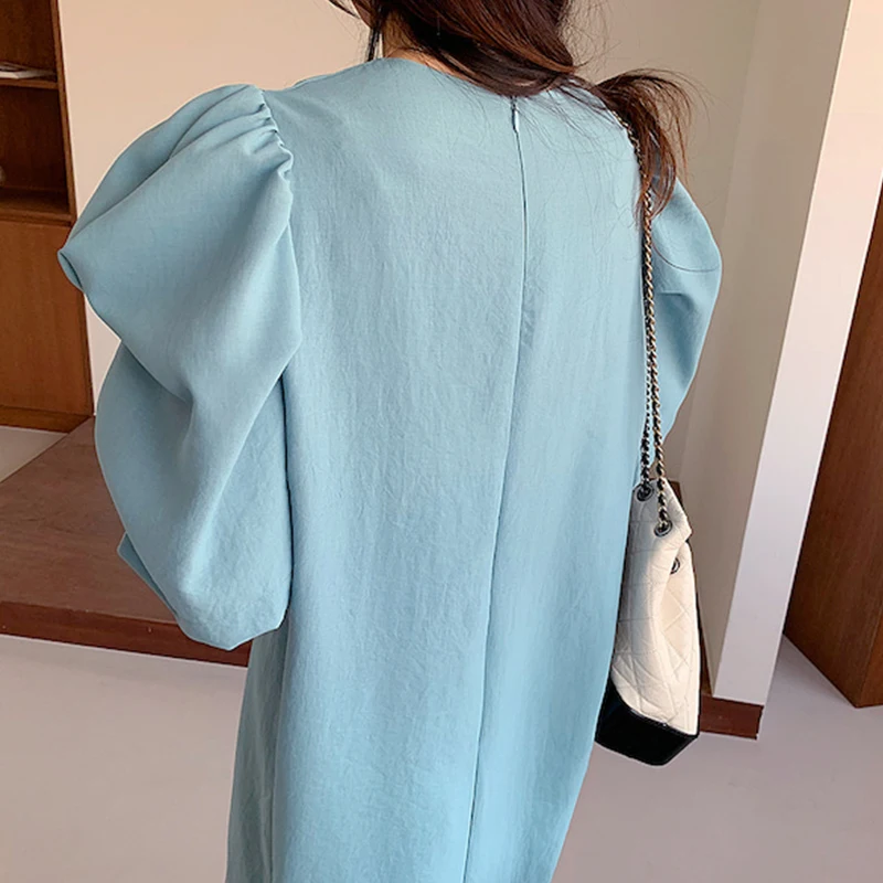 

pink summer woman dress O neck Drapped Split Korean style Casual dresses for women Lantern Sleeves Oversized long vestidos 2021