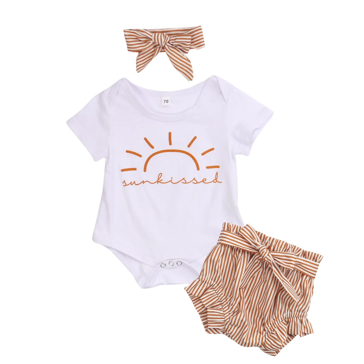 

0-24M Summer Toddler Clothing Newborn Baby Girls Sun Short Sleeve O-Neck Romper Sweet Stripe Shorts Bow Headwear 3pcs Outfit Set