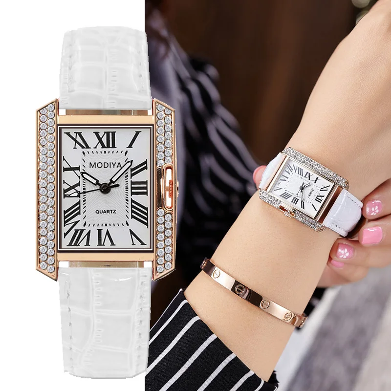 Модные Хрустальные кожаные женские часы люксовый бренд прямоугольные кварцевые