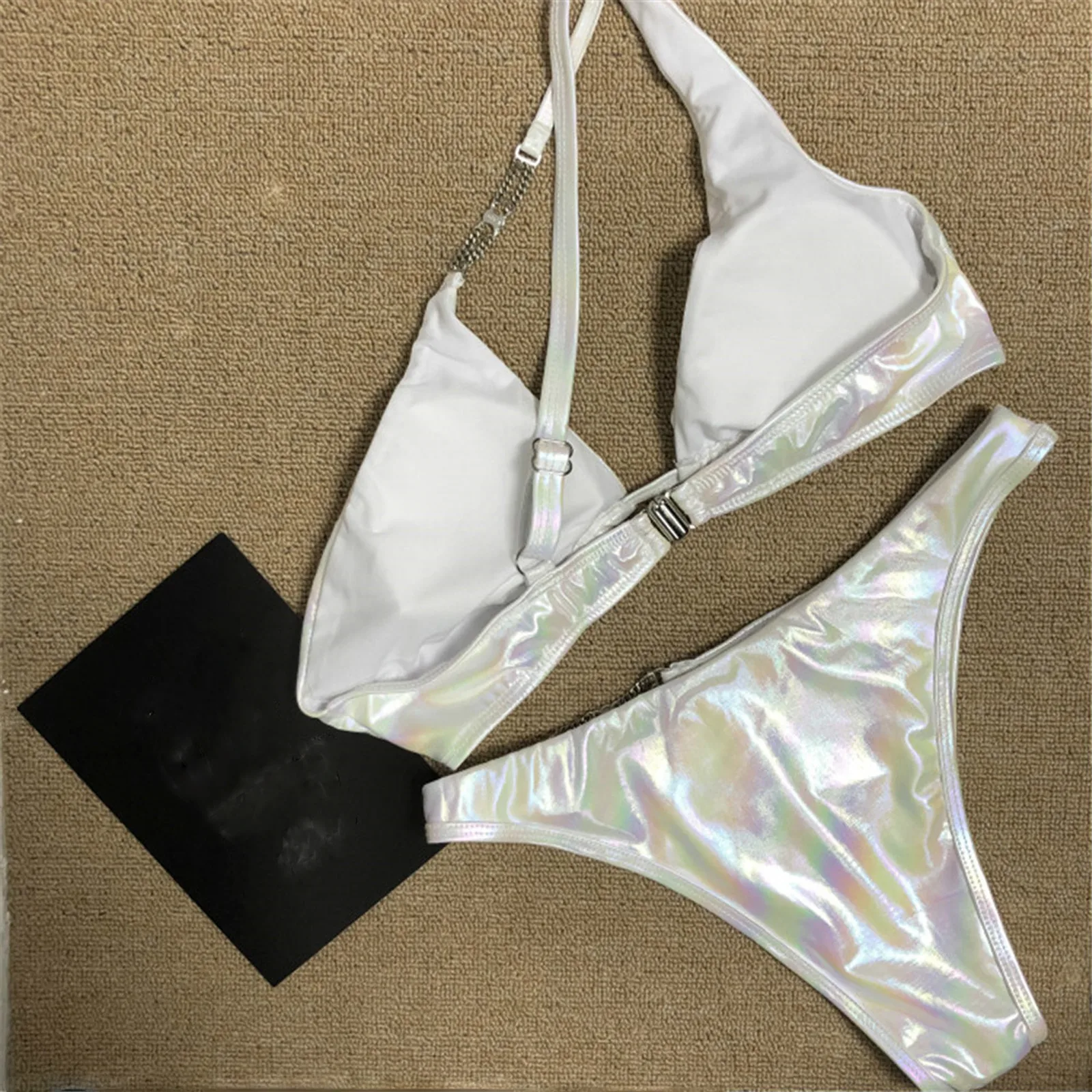 

Women Sexy Bikini Reflective Shiny Solid Color Hollow Halter Split Swimsuit