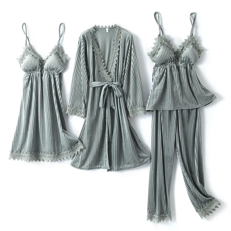 

Women Pajamas Velour 4PCS Sleepwear Striped Kimono Bathrobe Gown Nightwear Autumn Winter Sleep Set Sexy Pijamas Suit Homewear
