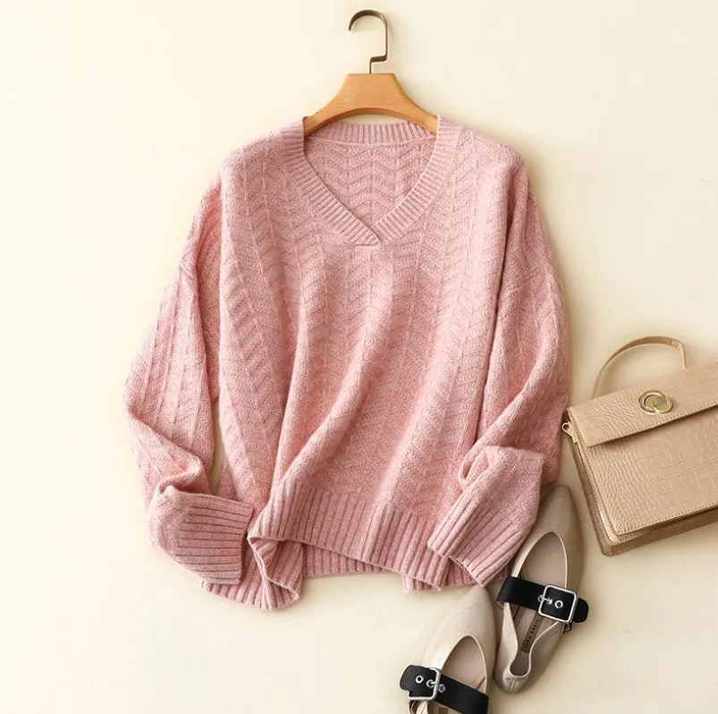 

Tailor Shop Custom Made Pure Cashmere Pullover Sweater Jacket Women Autumn and Winter Wear Loose Large Size Lazy V-neck