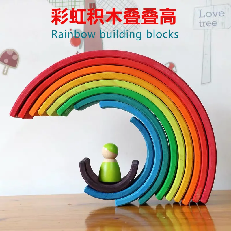 

Large Wooden Rainbow Blocks 12 Color Children's German Early Education Jenga Curved Board Toys Puzzle Building Wood Blocks Gift
