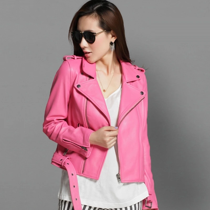 

2020 New Pink Light Blue Genuine Women Sashes Real Sheep Leather Motorcycle Biker Jackets Ladies Slim Short Coat jaqueta