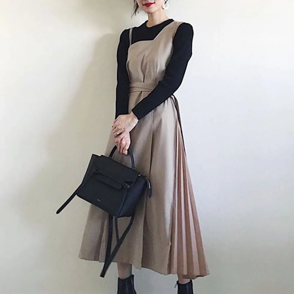 Женское платье с завышенной талией Осеннее Плиссированное длинное в Корейском