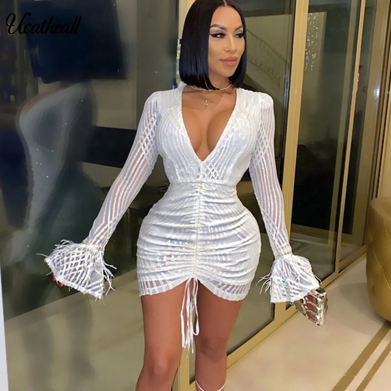 

Deep V Sequin Party Dress Sparkle Womens Mesh Patchwork Chirstmas Outfits Female Ruffle Sleeve Drawstring Ruched Robes