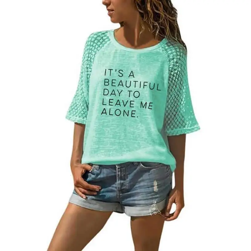 

2020 New Fashion T-Shirt For Women IT IS A BEAUTIFUL DAY Letters Print Lace Crew Neck T-Shirt Women Tshirt T-Shirt Summer T-L876