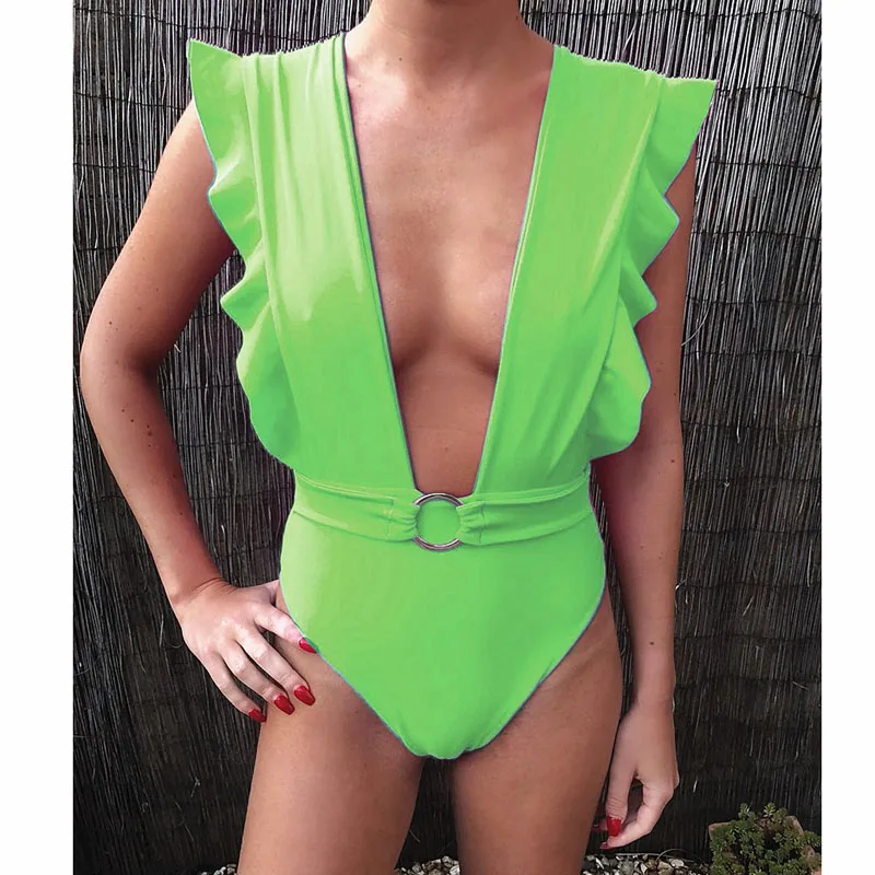 H Для женщин Одна деталь купальник с глубокой купальные костюмы V-Neck оборками боди Maillot De Bain купальный костюм пуш-ап Пляжная одежда - Цвет: H