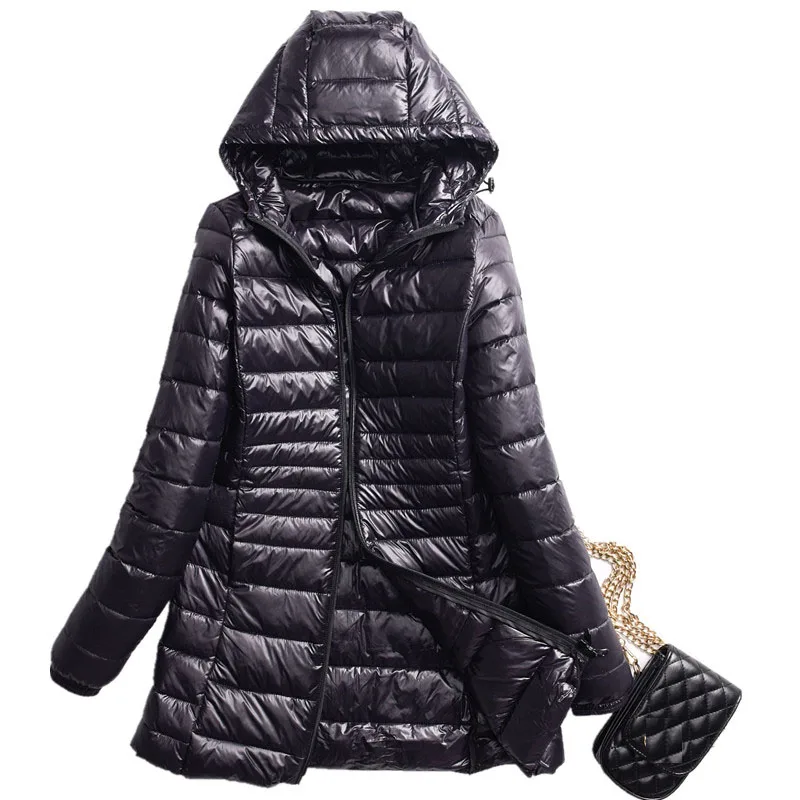 

Women Ultra Light White Duck Down Jackets Autumn Winter Hooded Plus Size Lady Slim Warm Long Down Coats