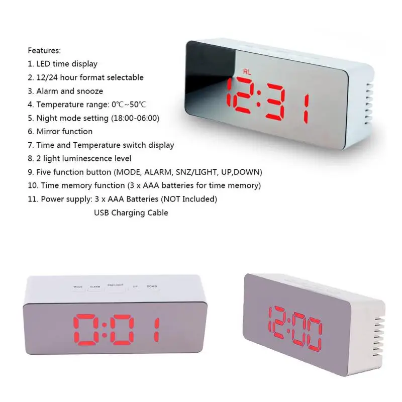 Цифровой светодиодный зеркальный будильник настольные часы дисплей температуры