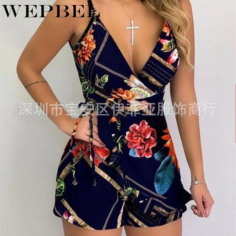 

WEPBEL Summer Romper Women Jumpsuit Women Summer Elegant Floral Print Sleeveless Deep V Neck Casual Print Jumpsuit