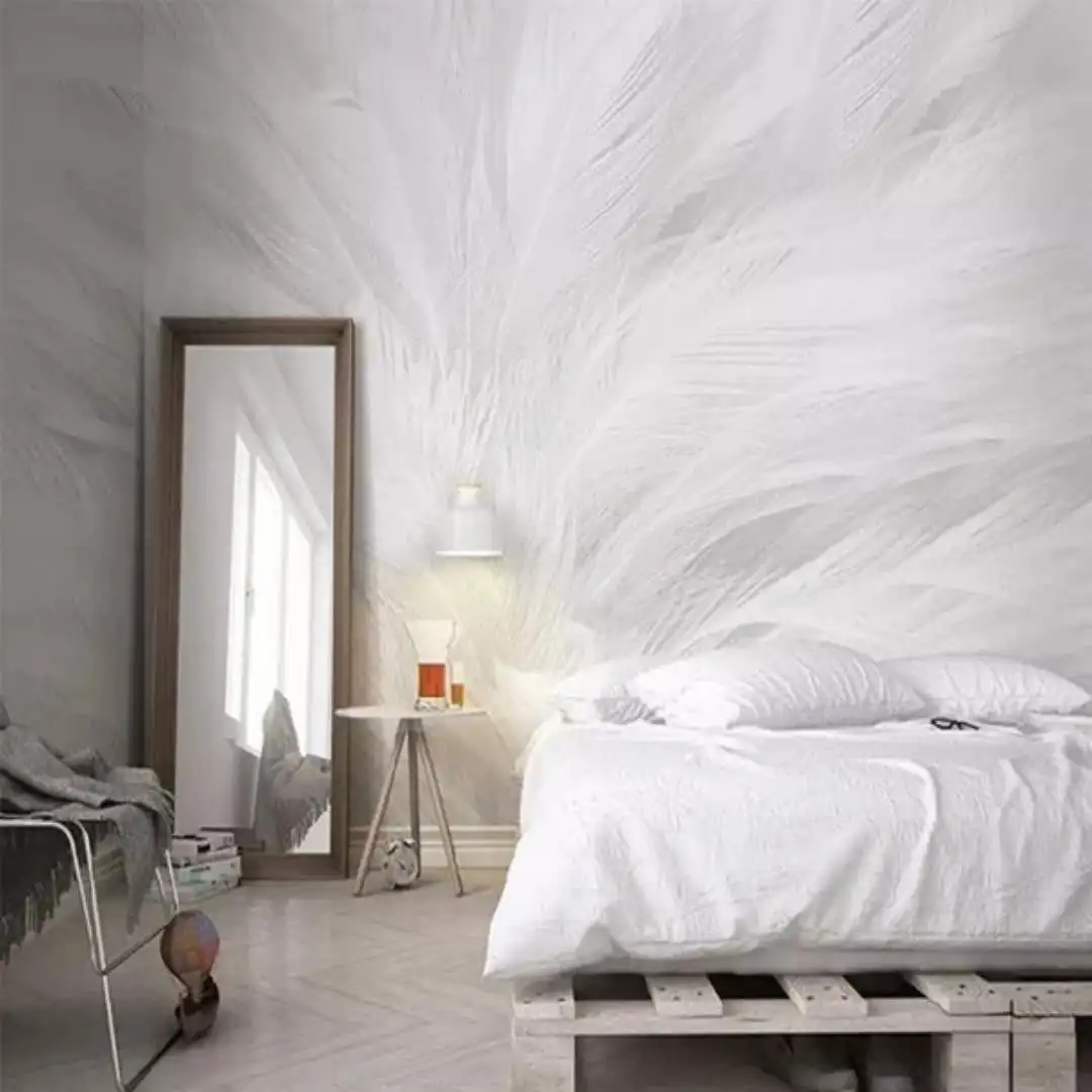 3D Simple white feather background wall Bedroom Sofa clothing shop beauty salon art Self Adhesive wallpaper papel DE parede |