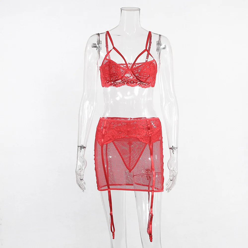 

Women Lingerie Sleepwear Set Sexy Exotic Outfit Lenceria Para Mujer Lace See Through Bra Skirt Thong Langerie Fishnet Underwear