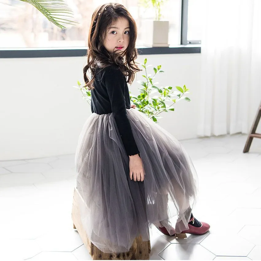 Girls Spring Dress Solid Color Long Sleeve Dresses for Party Show Kids Patchwork Mesh Dress Princess Ball Gown Children Clothing